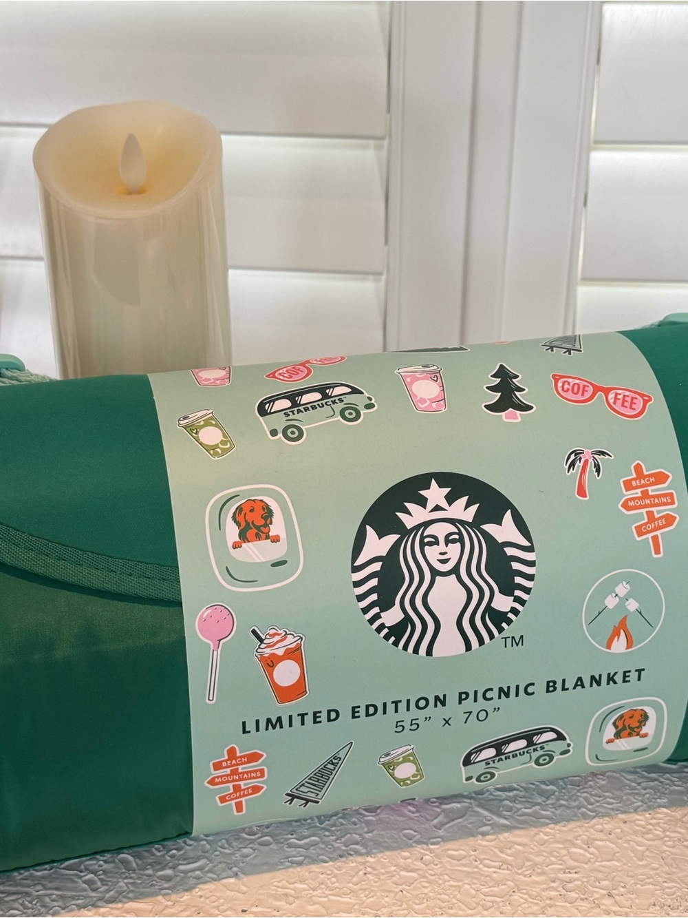 Starbucks Green Picnic Blanket with Logo and Sticker Art